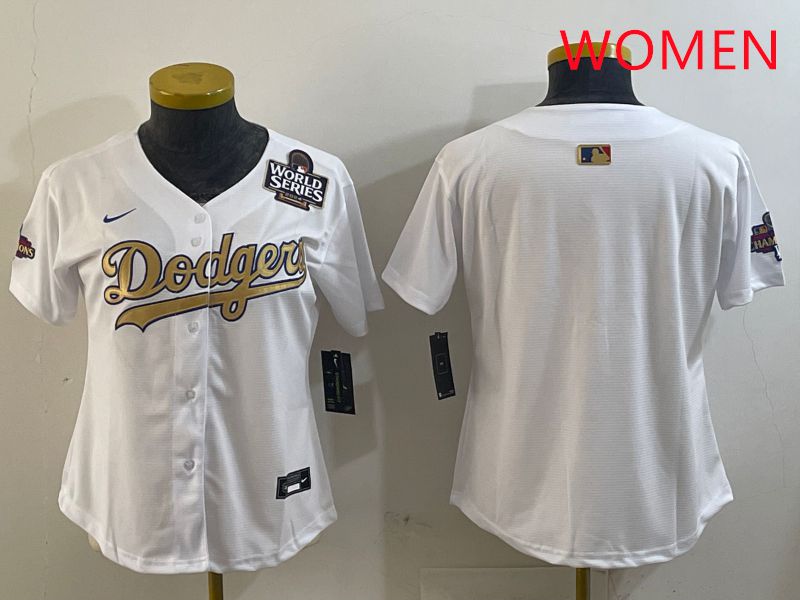 Women Los Angeles Dodgers Blank White Champion gold character 2025 Nike MLB Jersey style 4
